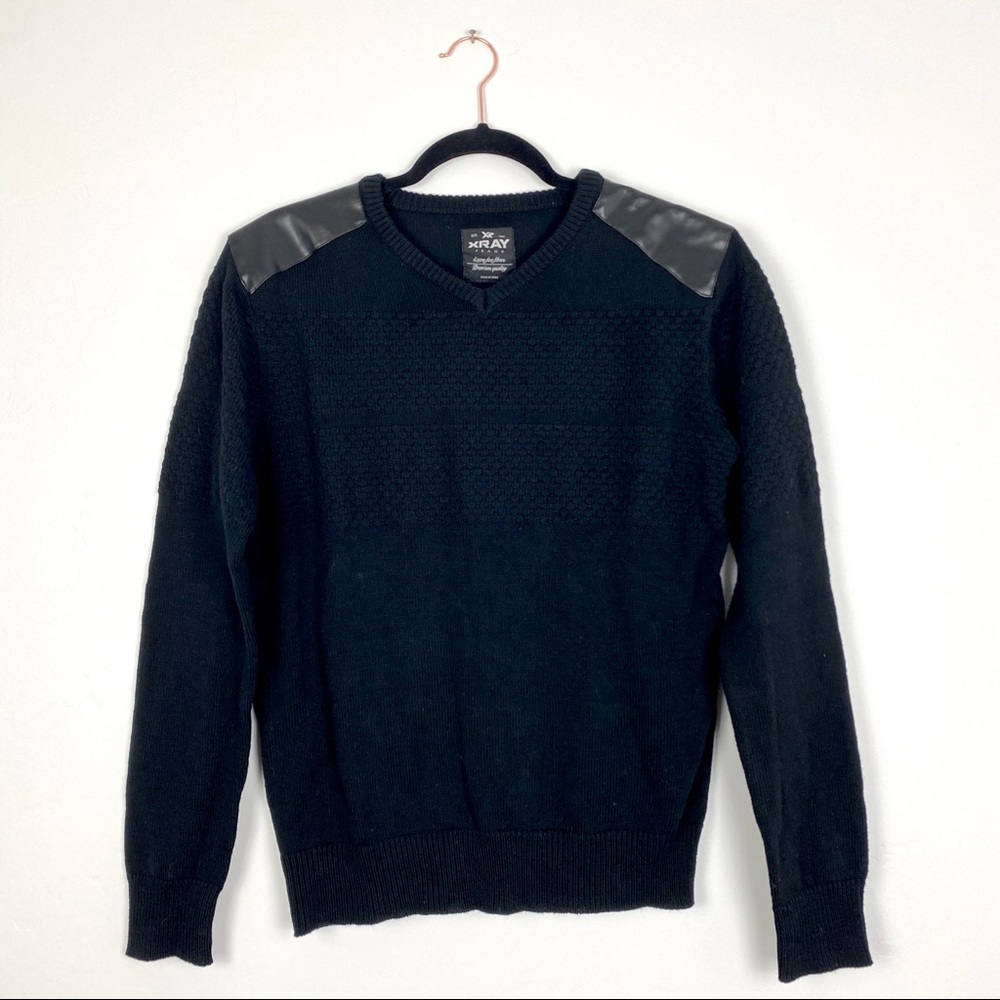 Men's Xray Jeans Black Knit V Neck Pullover Sweater Faux Leather Shoulder Patch